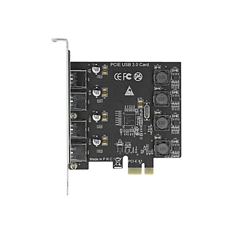 Schwarze PCIe USB 3.0-Erweiterungskarte mit vier USB-A-Anschlüssen auf weißem Hintergrund.