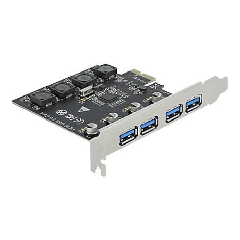 Schwarze PCIe USB 3.0 Erweiterungskarte mit vier blauen USB-Anschlüssen auf einer silbernen Metallblende.