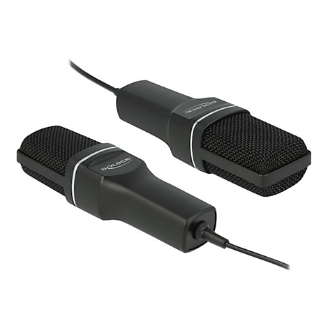 Zwei schwarze Delock Mikrofone mit Kabel vor weißem Hintergrund.