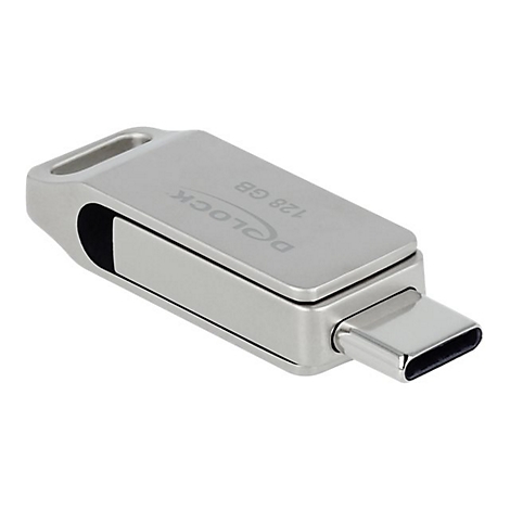 Silberner Delock USB-C-Stick mit 128 GB Kapazität und Öse vor weißem Hintergrund.