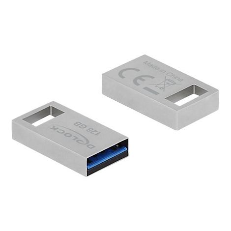 Silberner Delock USB-Stick mit 128 GB Speicherplatz auf weißem Hintergrund.