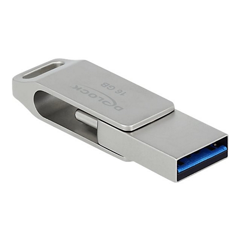 Silberner Delock USB-Stick mit 16 GB Kapazität vor weißem Hintergrund.