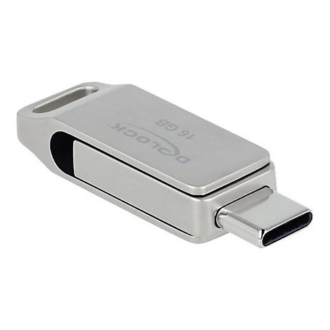 Silberner USB-C-Stick der Marke Delock mit 16 GB Speicherkapazität und Öse vor weißem Hintergrund.