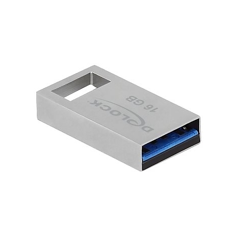 Silberner USB-Stick von Delock mit 16 GB Speicherkapazität und blauem USB-Anschluss.