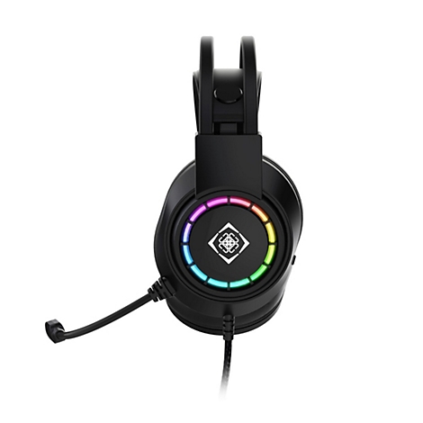 Casque de jeu noir avec éclairage coloré et microphone, détaillé sur fond blanc.