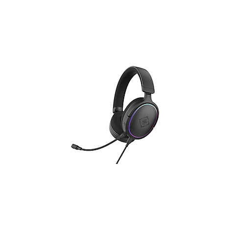 Schwarzes Gaming-Headset mit Mikrofon und farbigen Lichtern.