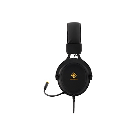 Casque de jeu noir avec microphone jaune sur fond blanc. Le logo "DELTACO GAMING" est visible sur les oreillettes.