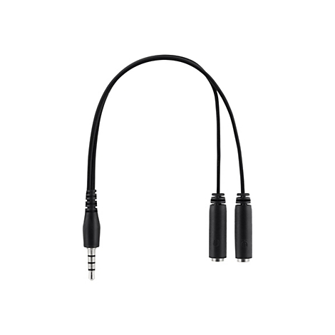 Un répartiteur audio noir avec une prise jack 3,5 mm et deux prises.