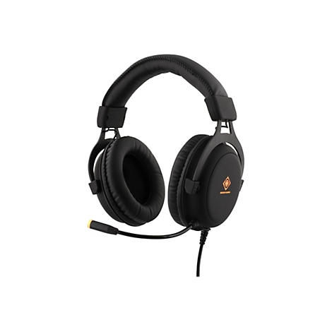 Casque de jeu noir avec logo orange et microphone.