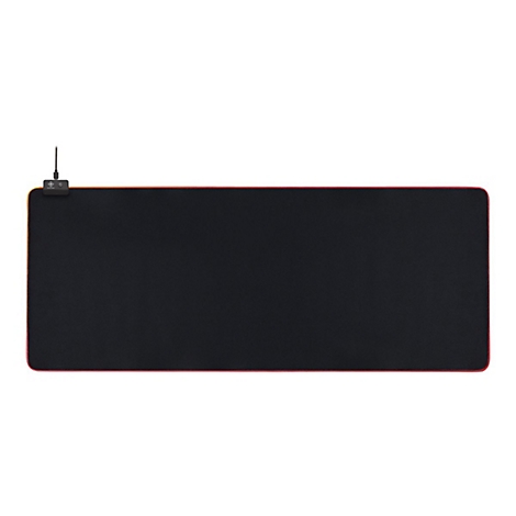 Grand tapis de souris de jeu noir avec bordure rouge et éclairage LED. Un panneau de contrôle est fixé au bord.