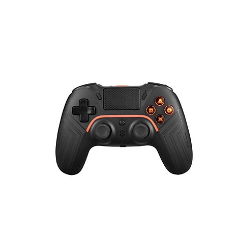Schwarzer Gamecontroller mit orangefarbenen Akzenten und leuchtenden Knöpfen vor weißem Hintergrund.