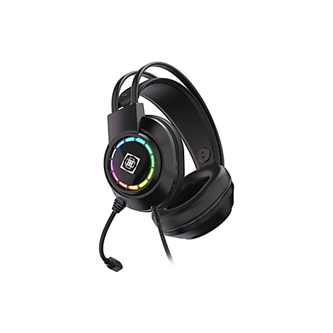 Schwarzes Gaming-Headset mit RGB-Beleuchtung am runden Ohrhörer und flexiblem Mikrofon vor weißem Hintergrund.