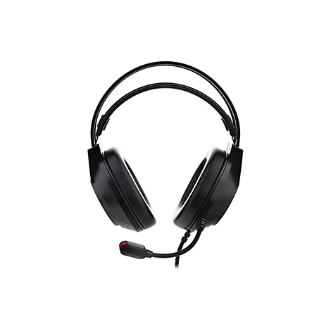 Schwarzes Gaming-Headset mit Kopfbügel und Mikrofon vor weißem Hintergrund.