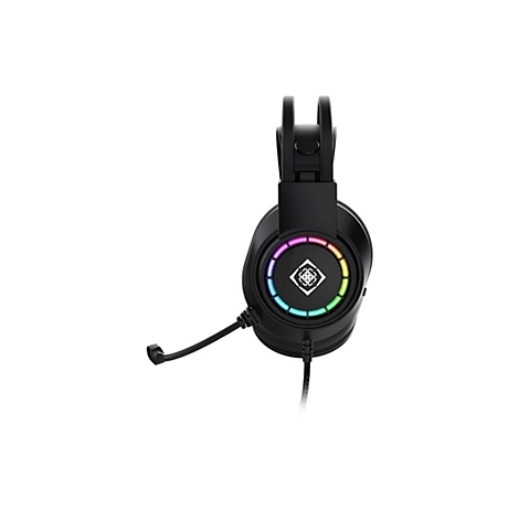 Schwarzes Gaming-Headset mit beleuchtetem LED-Ring und Mikrofonarm vor weißem Hintergrund.