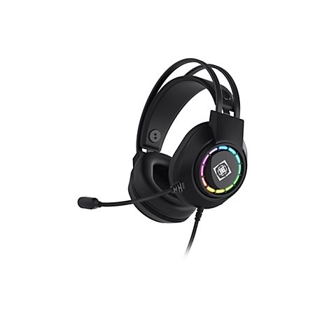 Schwarzes Gaming-Headset mit biegsamem Mikrofonarm und bunt leuchtendem LED-Ring an der Ohrmuschel.