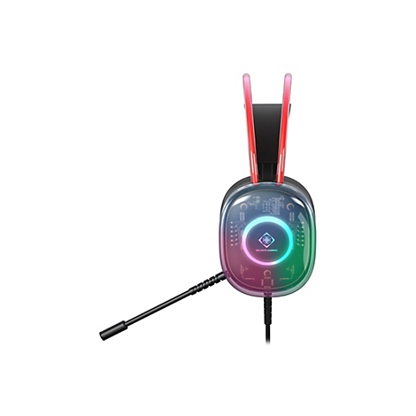 Gaming-Headset mit transparentem Gehäuse, leuchtenden RGB-Elementen und einem abstehenden Mikrofonarm.