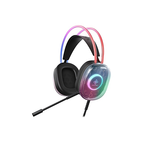 Schwarzes Gaming-Headset mit transparenter Ohrmuschel, Leiterplattendesign und bunter RGB-Beleuchtung.