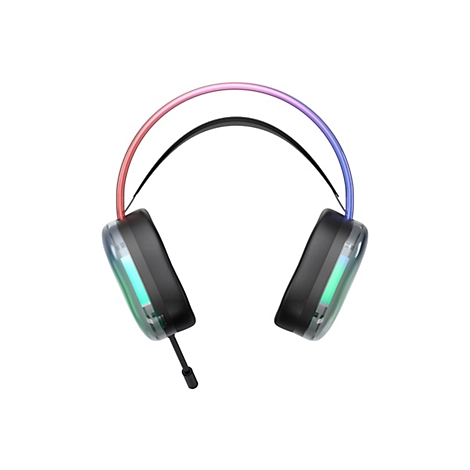Gaming-Headset mit RGB-Beleuchtung, transparenten Gehäusen und einem Mikrofonarm vor weißem Hintergrund.