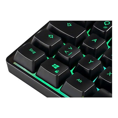 Nahaufnahme einer schwarzen Gaming-Tastatur mit grüner LED-Beleuchtung zwischen den Tasten.