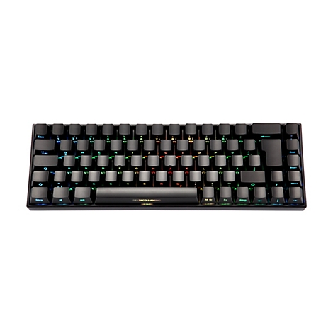 Schwarze mechanische Gaming-Tastatur mit RGB-Beleuchtung und deutschem Tastaturlayout vor weißem Hintergrund.