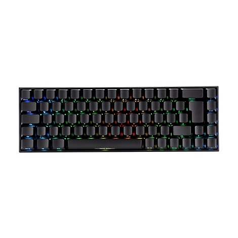 Schwarze Gaming-Tastatur mit kompakter Anordnung und bunter RGB-Hintergrundbeleuchtung vor weißem Hintergrund.