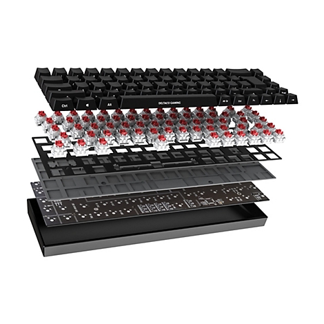 Explosionsdarstellung einer mechanischen Gaming-Tastatur, die einzelne Komponenten wie Tasten, Schalter und Platine zeigt.
