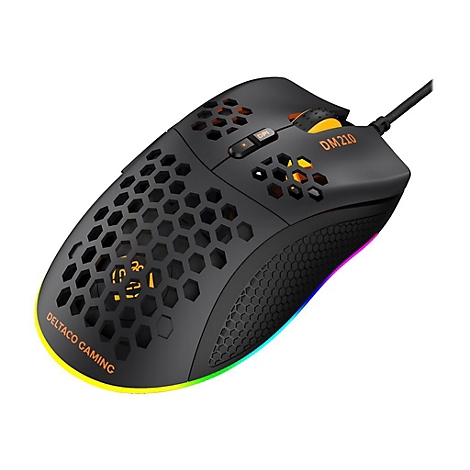 Schwarze Gaming-Maus mit Wabenmuster, RGB-Beleuchtung und Aufschrift DM210 auf hellem Hintergrund.
