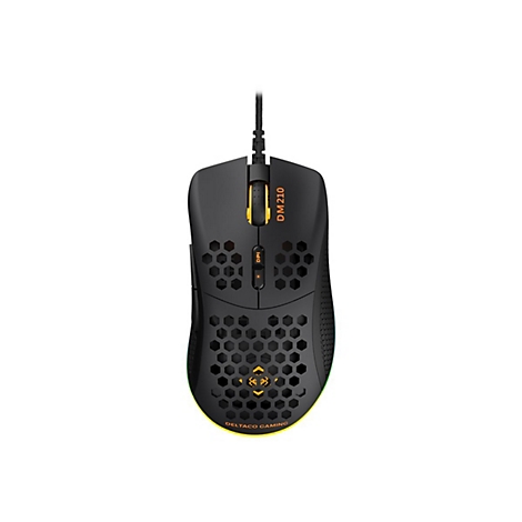 Schwarze Gaming-Maus mit Wabenmuster und gelben Akzenten, Modell Deltaco Gaming DM210 auf weißem Hintergrund.