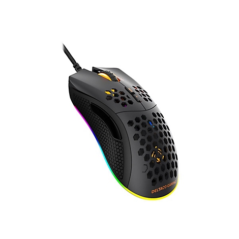 Schwarze, kabelgebundene Gaming-Maus mit Wabenmuster und bunter RGB-Beleuchtung auf weißem Grund.