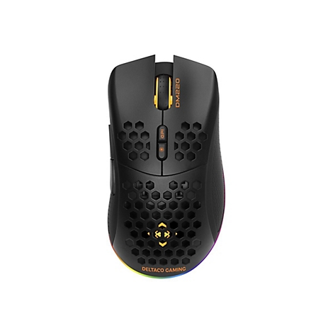 Schwarze Gaming-Maus mit Wabenmuster, gelben Akzenten und RGB-Beleuchtung auf weißem Hintergrund.