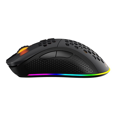 Schwarze Gaming-Maus mit Wabenstruktur und RGB-Beleuchtung in der Seitenansicht vor weißem Hintergrund.