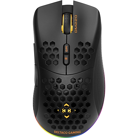 Schwarze Gaming-Maus mit orangefarbenen Akzenten und LED-Beleuchtung. Mit DM220-Schriftzug und Deltaco Gaming Logo.