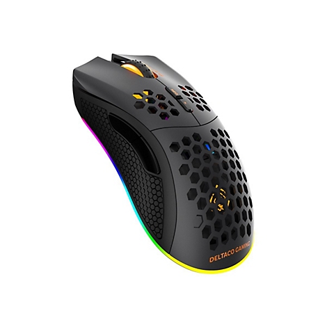 Schwarze Gaming-Maus mit Wabenmuster und bunter RGB-Beleuchtung vor weißem Hintergrund.
