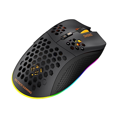 Schwarze Gaming-Maus mit Wabenmuster, gelbem Mausrad und beleuchtetem Rand vor weißem Hintergrund.
