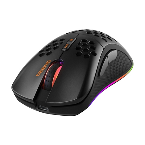 Schwarze Gaming-Maus mit Wabenmuster, beleuchtetem Mausrad und seitlicher RGB-Leiste vor weißem Hintergrund.