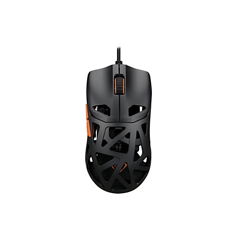 Schwarze Gaming-Maus mit skelettiertem Gehäuse und orangefarbenen Akzenten auf weißem Hintergrund.