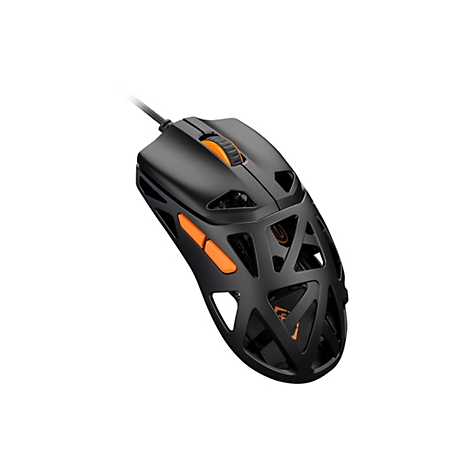 Schwarze Gaming-Maus mit skelettiertem Gehäusedesign und leuchtend orangen Tasten vor weißem Hintergrund.