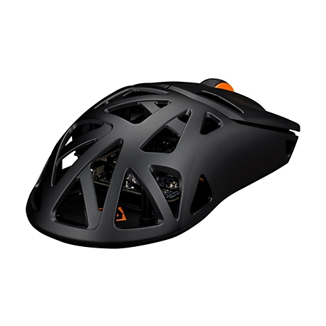 Schwarze Gaming-Maus mit skelettiertem Gehäuse, orangefarbenem Mausrad und Einblick auf die Platine.