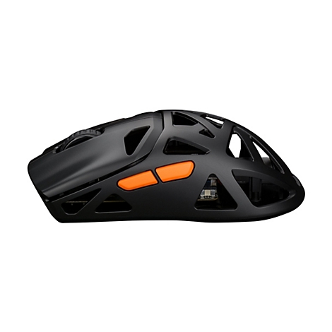 Schwarze Gaming-Maus mit skelettartigem Design und zwei orangefarbenen Seitentasten vor weißem Hintergrund.