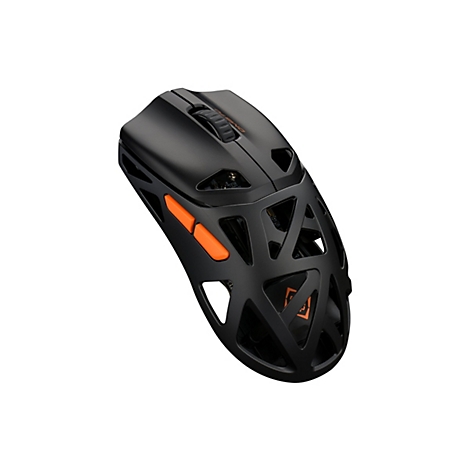 Schwarze Gaming-Maus mit skelettiertem Gehäuse, orangen Akzenten und sichtbarer Elektronik auf weißem Grund.