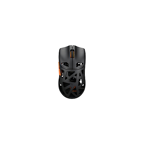 Schwarze Gaming-Maus mit orangefarbenen Akzenten und offenem Design.