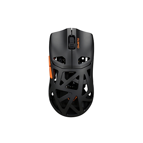 Schwarze Gaming-Maus mit orangefarbenen Akzenten. Oben steht der Schriftzug DM870.