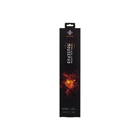 Produktverpackung eines extra breiten Gaming-Mauspads. Auf schwarzem Grund der Schriftzug "MOUSEPAD", darunter ein Feuer-Effekt.
