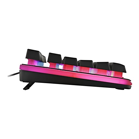 Seitenansicht einer schwarzen Gaming-Tastatur mit leuchtender rosa LED-Beleuchtung auf weißem Hintergrund.