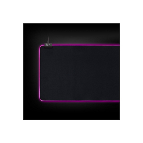 Schwarzes Gaming-Mauspad mit pinkfarbener LED-Beleuchtung am Rand. In der Ecke befindet sich eine schwarze Bedieneinheit mit Anschlüssen.