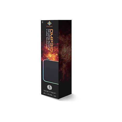 Die Verpackung eines RGB-Gaming-Mousepads DMP310. Das Produkt ist X-Large (900 x 360 x 4 mm). Auf der Verpackung sind Produktmerkmale aufgeführt.