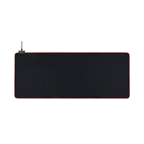 Schwarzes Mauspad mit roter, orangefarbener LED-Beleuchtung am Rand. Am oberen Rand befindet sich ein Bedienfeld mit Logo.