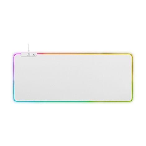 Rechteckiges weißes Gaming-Mauspad mit leuchtendem, mehrfarbigem RGB-LED-Rand vor weißem Hintergrund.