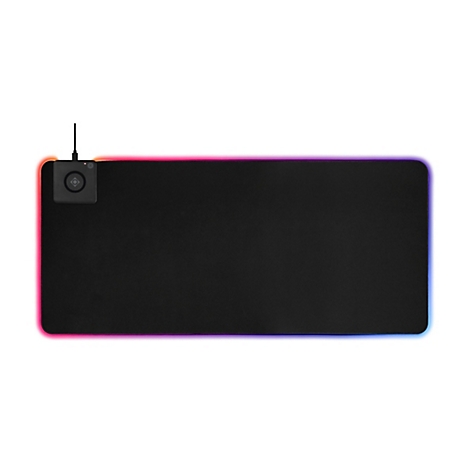 Schwarzes Gaming-Mauspad mit RGB-Beleuchtung und integrierter kabelloser Ladefläche oben links.