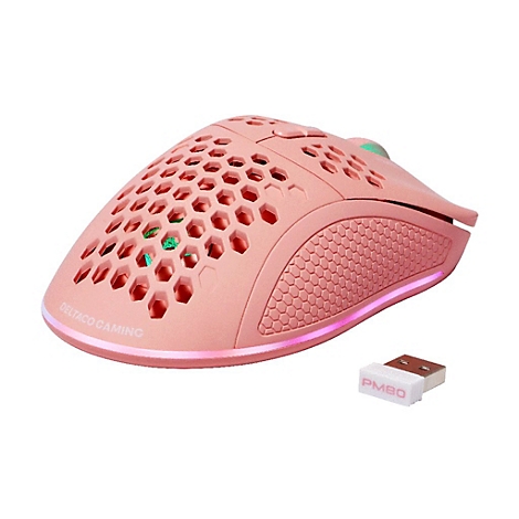 Souris de jeu rose clair avec motif en nid d'abeille et récepteur USB, accentuée par la lumière RVB. Logo : DELTACO GAMING.